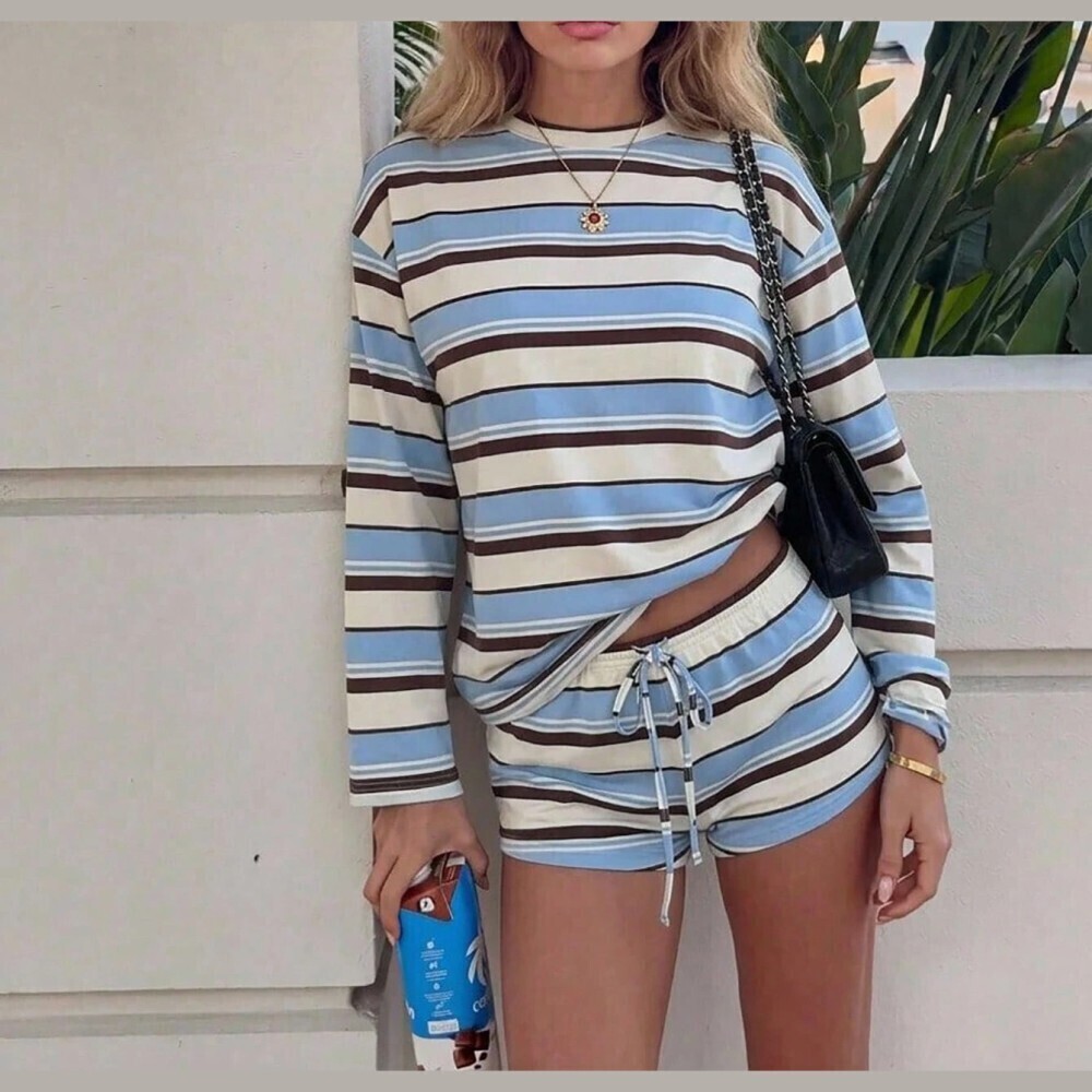 Blue Cream Striped Long Sleeve Tee and Drawstring Mini Shorts Set